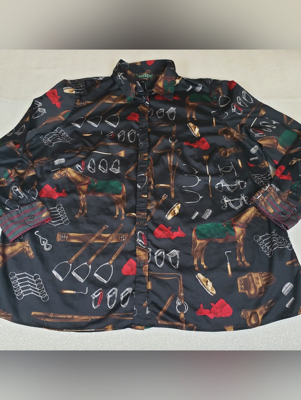 Vntg LAUREN Ralph Lauren Women's 2X 2XL ALLOVER Equestrian Horse Tack Shirt West